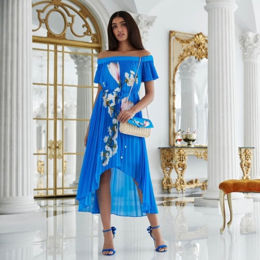 Ted Baker (Size 1) Bright Blue Melma Harmony Pleated Maxi Dress (US 4 Small)